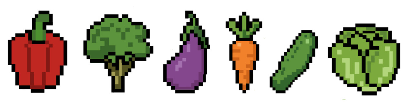 Banner Delicious pixel art set  Collection of various vegetables Red pepper, broccoli, eggplant, carrot, cucumber, lettuce vector graphoc 8-bit retro design