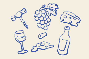 Naklejka premium Wine cheese grapes set naive blue sketch vector illustration