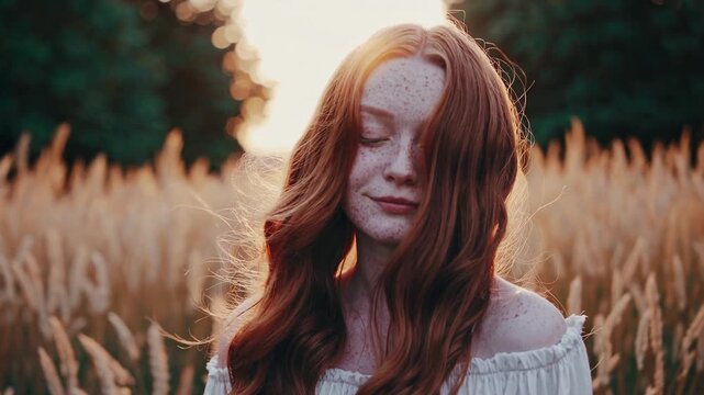 A young Caucasian woman with long red hair stands in a golden wheat field. She has freckles and a serene expression, surrounded by nature during sunset.