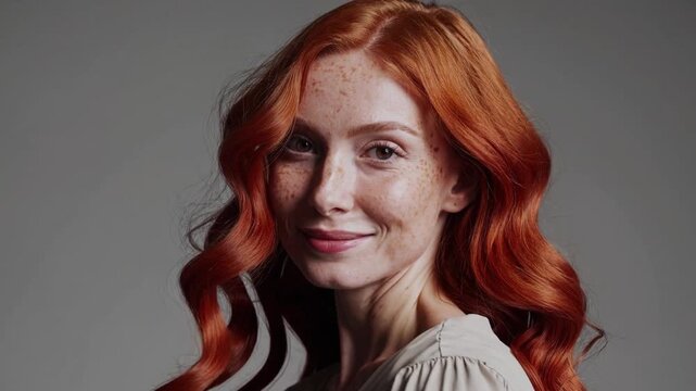 A young Caucasian woman with long, wavy red hair and freckles poses against a neutral background. She has a soft expression and wears a light-colored top.