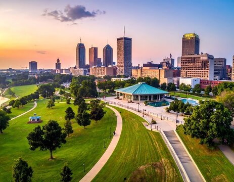 Aerial view of a city skyline at sunset, with a park in the foreground. Green space leads up to modern buildings