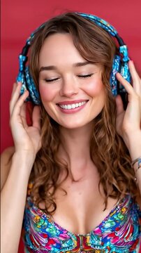 Smiling young woman with long curly brown hair enjoys listening to music through stylish blue patterned headphones. She closes her eyes, feeling the rhythm against a bright red studio background