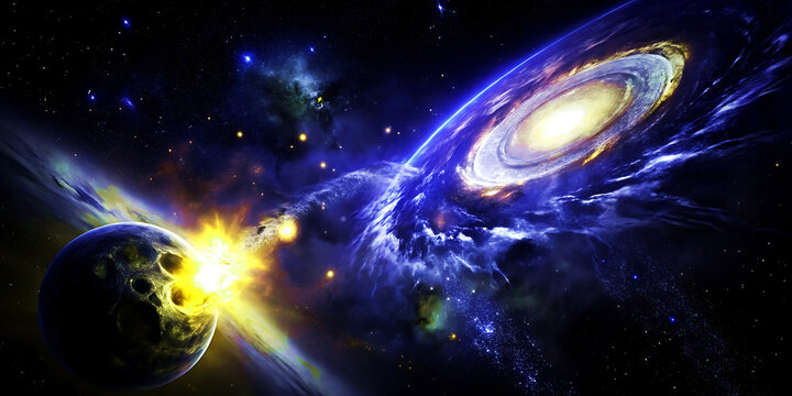 Planet collision in deep space with swirling galaxy and nebula impact explosion vector illustration