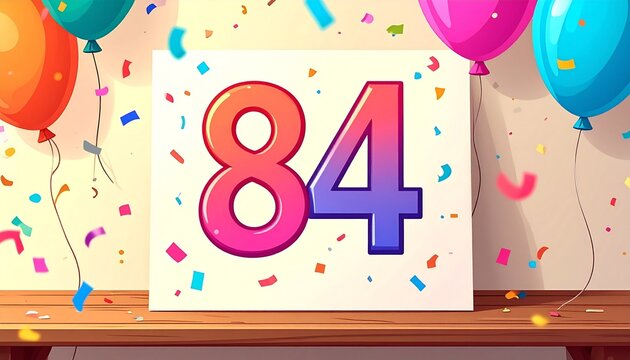 Birthday or anniversary card with number 84. Cartoon illustration with bright colors and balloons