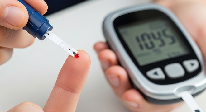 Person testing blood sugar with glucometer and lancet