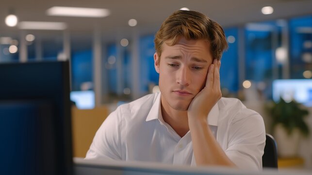 Office worker in crisp shirt visibly tenses at passive-aggressive note left on desk, fluorescent lights overhead, empty cubicles surrounding, perfect for toxic workplace, stress, psychological