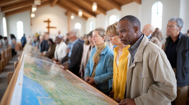 Community land trust meeting in a church hall, diverse residents examining a neighborhood map pinned to a wall, afternoon light cutting through high windows, crowd scene of engaged faces across