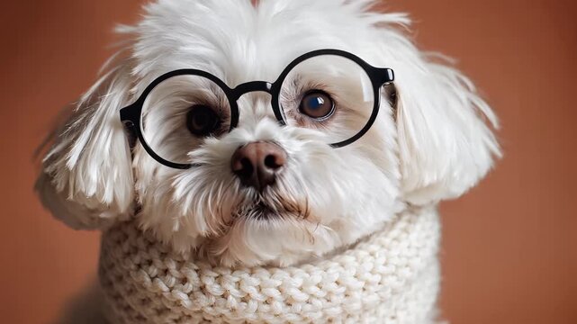Close-up of cute white Maltese dog wearing glasses and knitted scarf looking.