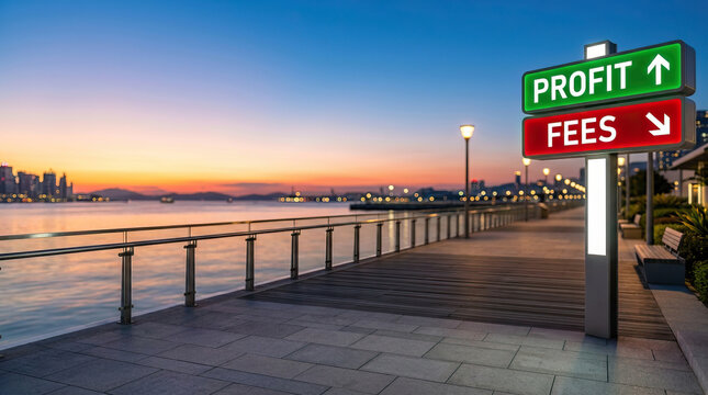 Profit sign Fees sign Waterfront Sunset Cityscape Boardwalk Harbor Streetlight Urban Evening Profit increase Fee decrease Business concept Financial growth Investment Outdoor Modern Metal railing