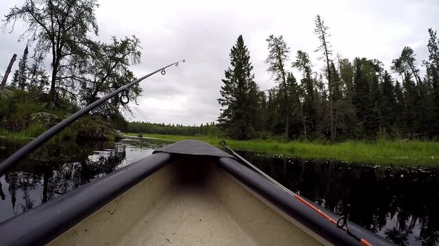 GoPro mounted at front of canoe paddling along small river in Northern Ontario Canada. Bow, fishing rod tips visible with spruce shoreline, granite rocks, tannin stained water under cloudy sky.