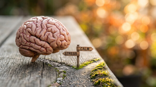 Brain Stress Calm Path Signpost Decision Model Wood Moss Nature Outdoor Concept Choice Mental Health Anxiety Relaxation Focus Thought Psychology Symbol Direction Background Closeup Table Surface