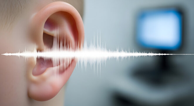 The human ear with a sound wave passing through it in a medical setting