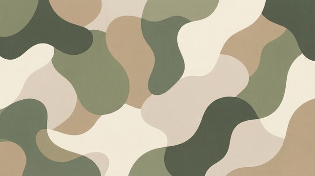 Abstract camouflage pattern with smooth, rounded organic shapes in soft earth tones including beige, olive green, sage, and dark forest green colors