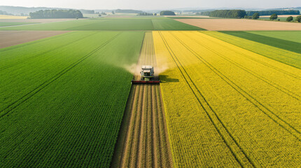 Aerial view of a combine harvester working in a large agricultural field with green and yellow crops during the harvest season under a clear sky