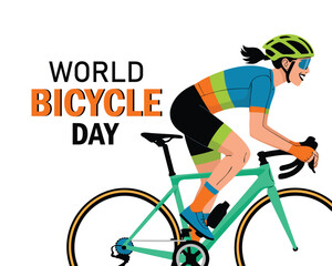 Naklejka premium Woman cyclist on modern bicycle with colorful sportswear and helmet, world bicycle day message, june 3 date, abstract city
