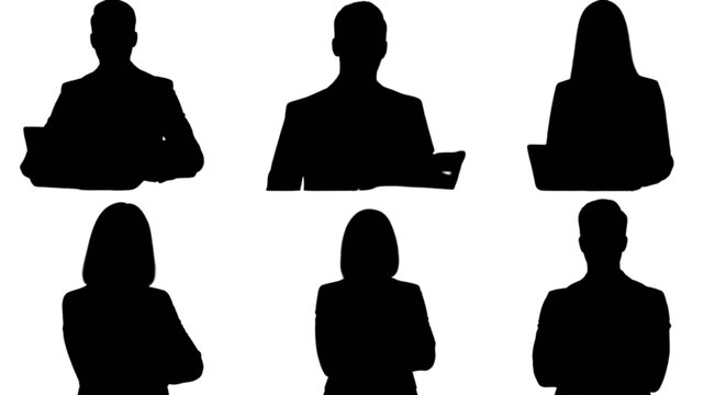 Black silhouettes of six people sitting isolated on transparent background, Vector
