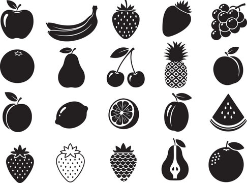 Collection of twelve black silhouette fruit icons including apple banana strawberry and grape