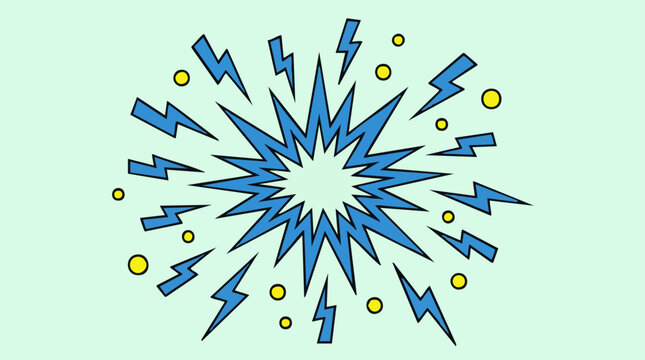 Comic book style explosion burst graphic with lightning bolts and yellow dots