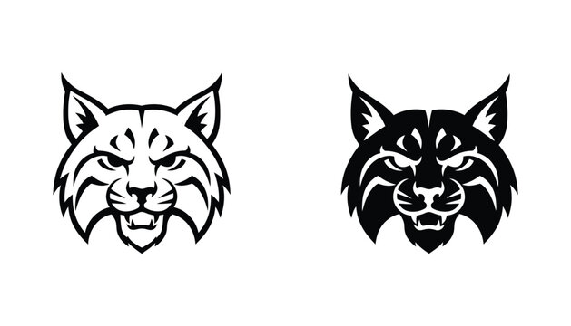Fierce bobcat head mascot logo in outline and solid black styles for sports team and outdoor branding