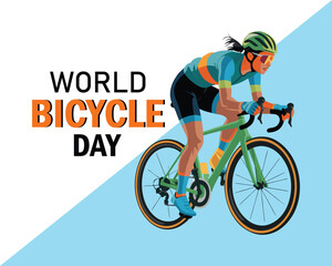 Naklejka premium Woman cyclist on modern bicycle with colorful sportswear and helmet, world bicycle day message, june 3 date, abstract city