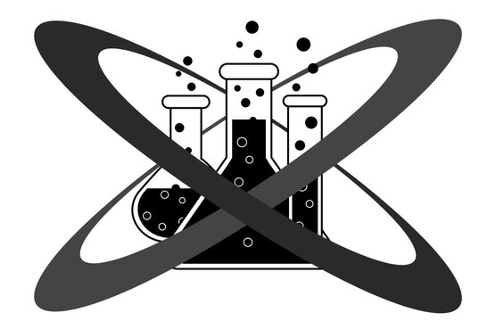 Icono de estudios y ciencia. Ilustraci&oacute;n Vectorial de frascos en blanco y negro para sitio web, folleto, app y otros. Logo para laboratorio.