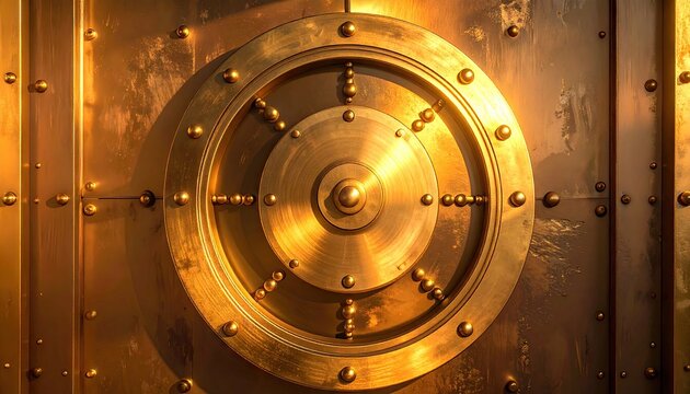 Close up of a vintage golden bank vault door with rivets and circular dial