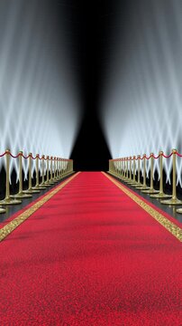 Red Carpet with Gold Stanchions, Moving Spotlights and Flashing Lights - 3d 4k vertical animation (2160 x 3840px)