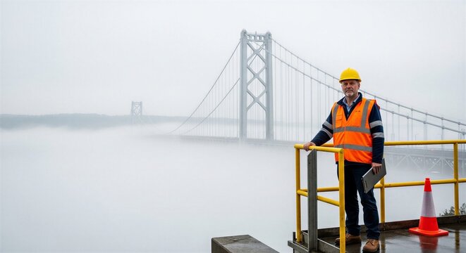 Construction worker standing by suspension bridge in dense fog