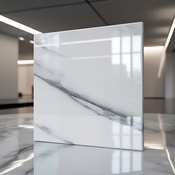 Glossy white marble square tile on reflective stone surface with modern interior lighting