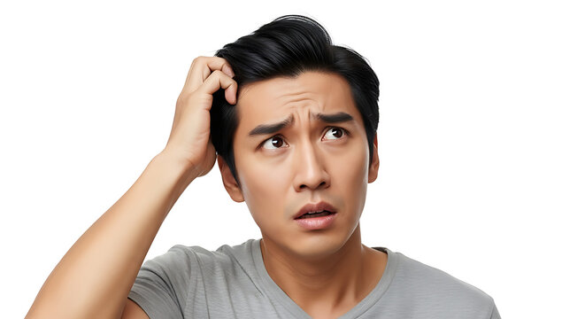 A confused Asian man scratches his head, looking up in thought.