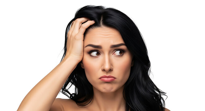 A woman with dark hair looks confused and touches her hair with a furrowed brow.