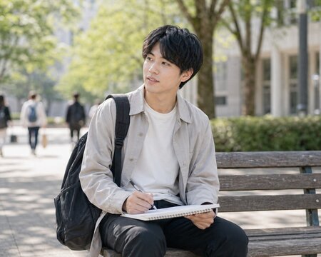 Japanese university student sitting on a campus bench with a notebook