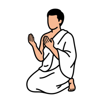 Sitting Muslim Pilgrim in Ihram &ndash; Hajj and Umrah Supplication Illustration