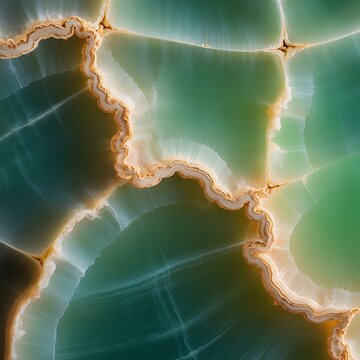 Macro view of polished green agate with intricate golden crystalline veins, abstract natural pattern background.