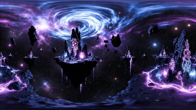 A fantastical landscape features floating islands, glowing runes on ancient stones, and a swirling vortex in a vibrant, cosmic sky.