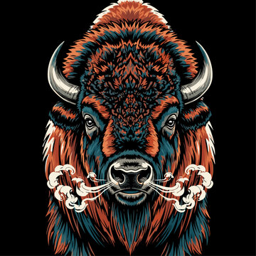 Fierce American Bison Buffalo Head Vector Illustration with Sunburst Background, Bold Graphic Art for T-Shirt Design