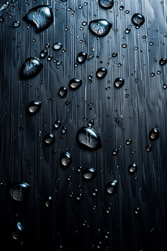 Dark metal texture with water droplets, black brushed steel surface, luxury industrial wet background, vertical macro
