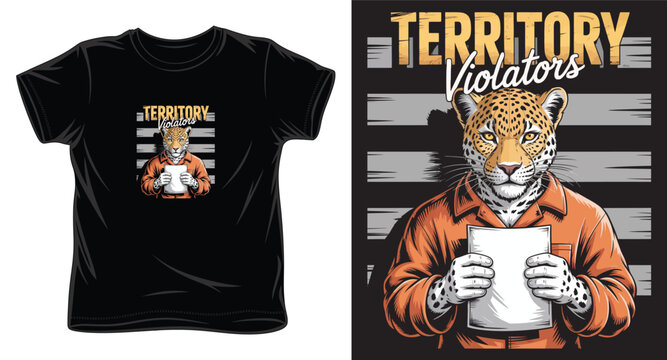 Jaguar mugshot vector illustration on black t-shirt design with territory violators text for street wear clothing.