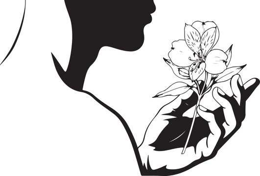 Outline drawing of hand holding single evening primrose flower, line art on transparent background.