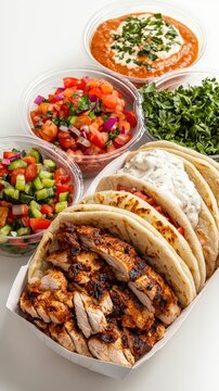 Assorted savory Mexican cuisine with tacos grilled chicken and seafood salsa fresh vegetable salad crispy chips and creamy dip in disposable container