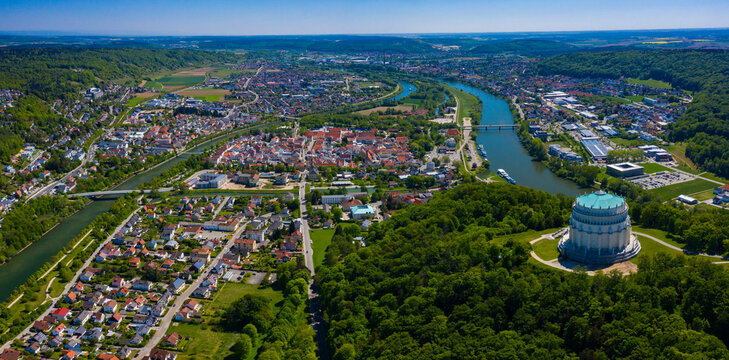 Aerial view around the old town of the city Kelheim in Germany on a sunny summer day.