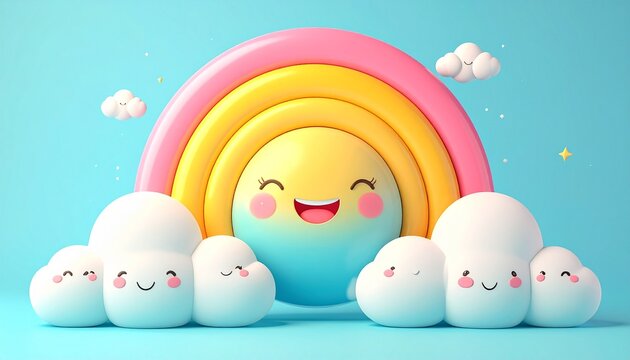 cheerful 3d rainbow cloud with smiling sun and fluffy clouds on sky blue background