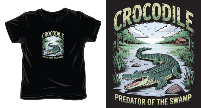 Crocodile predator of swamp vintage t-shirt design with alligator in nature landscape and rustic cabin background.