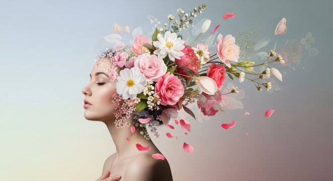 Woman profile with beautiful flowers blooming from her head