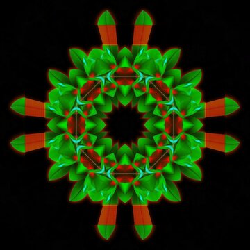 Neon green and red symmetrical kaleidoscope pattern with leaf-like shapes forming a radial geometric design on a black background
