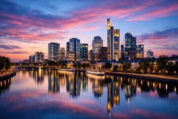 Obraz premium Panoramic view of the frankfurt city skyline with illuminated skyscrapers reflecting in the main river during a vibrant purple and orange sunset sky