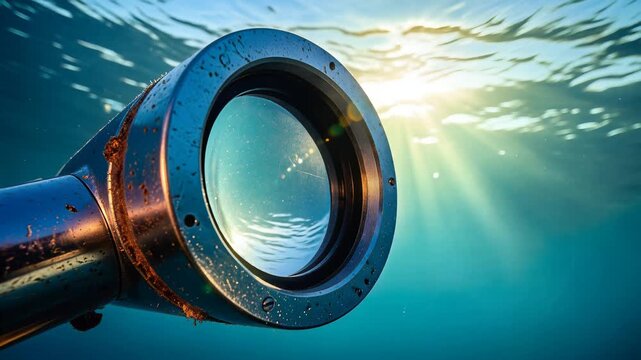 Submarine Periscope Lens Underwater Looking Up at Sun Surface Reflection