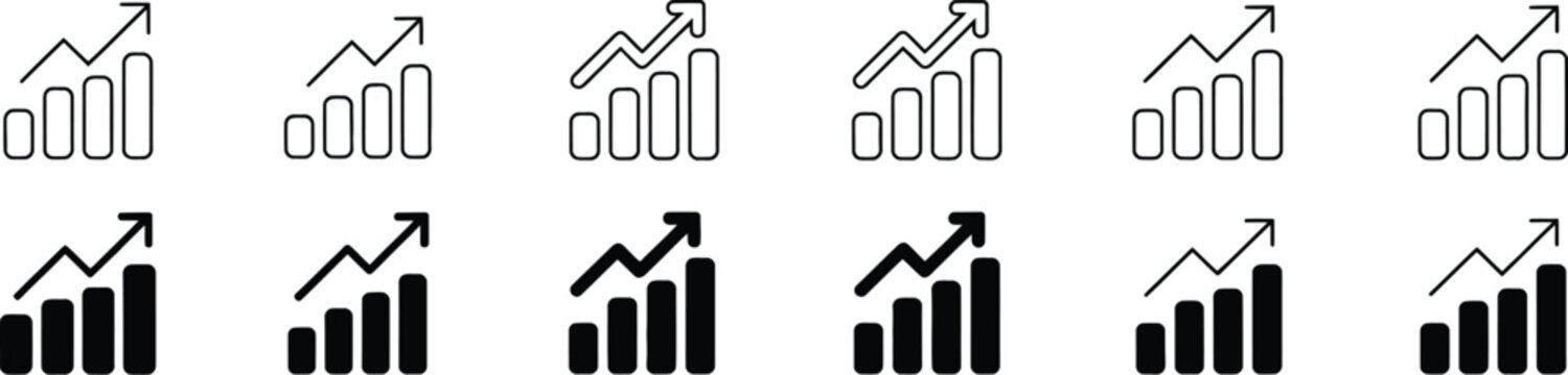 Growing graphic icon set bar graph outline and glyph style vector illustration showing profit increase and business growth analytics concept design
