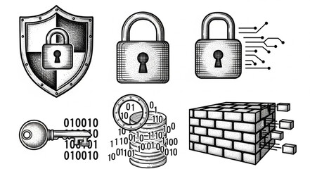Cybersecurity icons representing digital protection and data security. © Sanjaya