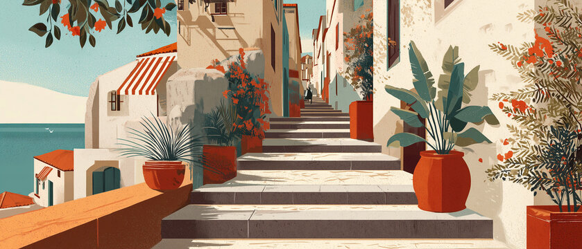 Flat illustration of narrow Mediterranean alley with white stairs terracotta pots and blooming flowers. Retro travel poster for tourism brand, city guide or summer design.